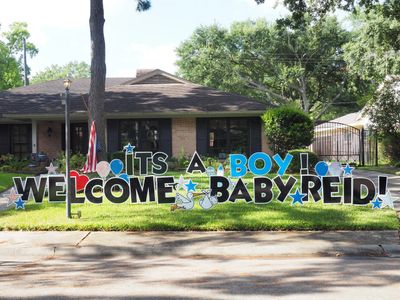 Welcome baby gender reveal boy girl shower blue pink
