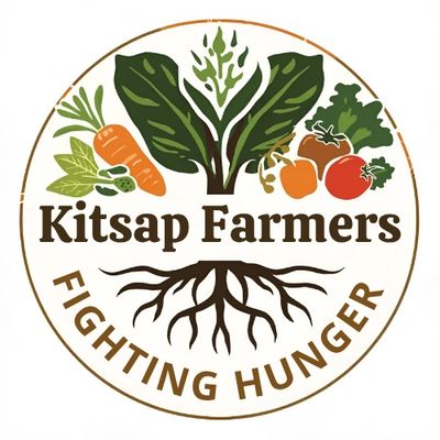 Logo for Kitsap Farmers Fighting Hunger with colorful drawing of vegetables and roots.