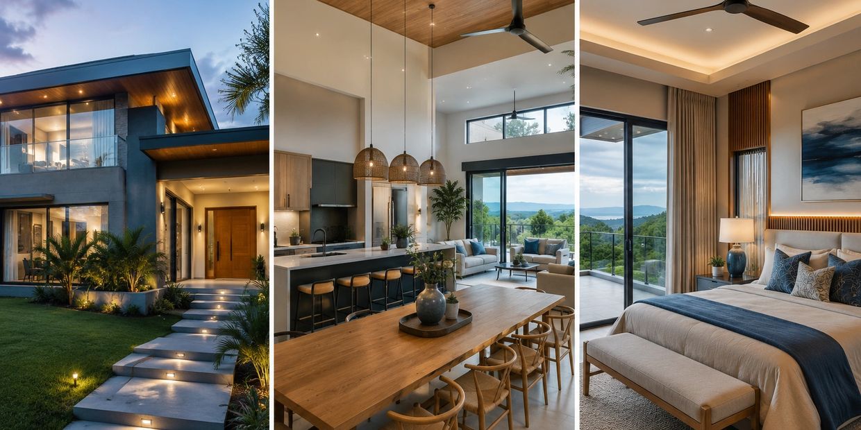 Modern luxury home exterior, kitchen, and bedroom with scenic views.
