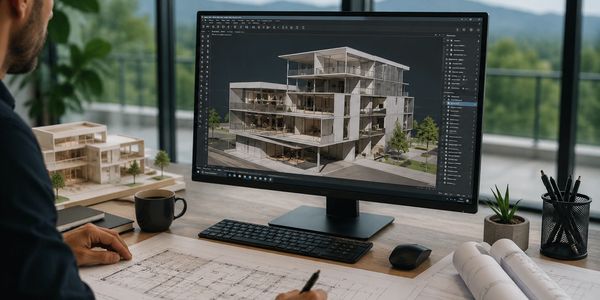 Architect working on a 3D building design on computer.