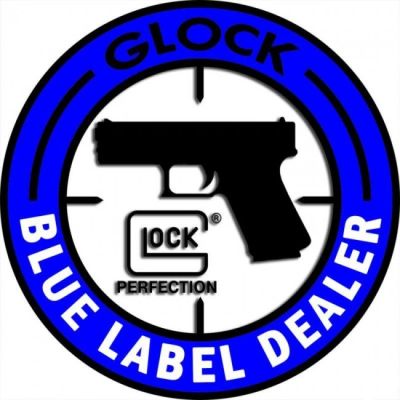 Glock Blue Label Dealer logo with handgun silhouette.