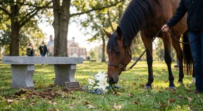 Horse sniffing flowers by a gravestone in a cemetery.