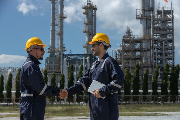 Two engineers shaking hands outside.