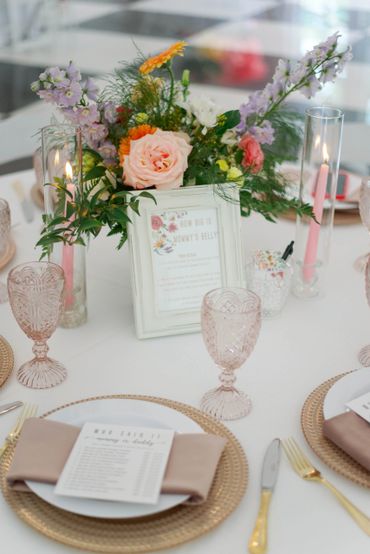 Baby shower table settings and flowers.