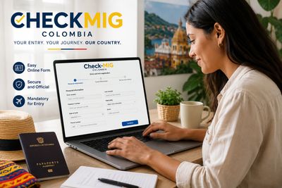 Woman filling out Check-MIG Colombia online form on laptop for travel entry.