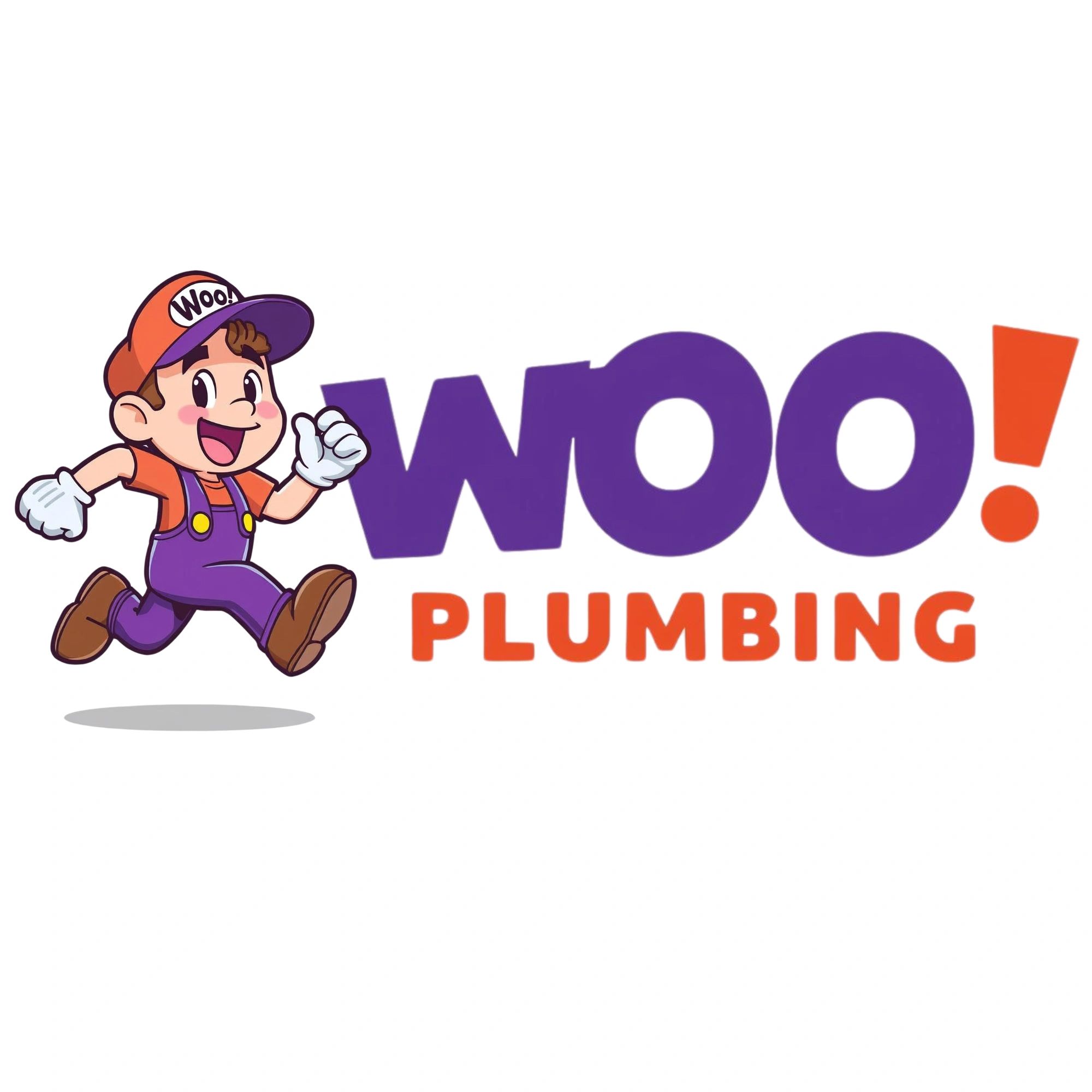 Cartoon plumber character with purple overalls and orange hat running beside 'Woo! Plumbing' text.