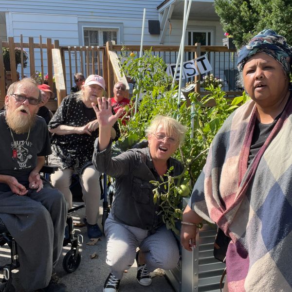 A group of diverse adults enjoying a sunny day in a garden.