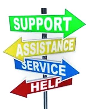 Colorful signpost with arrows indicating support, assistance, service, and help.