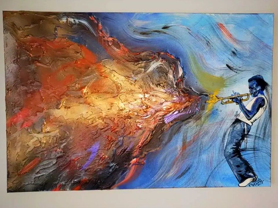 A painting with a man playing the flute