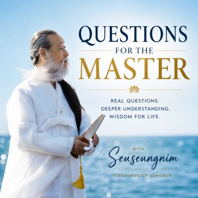 Man in white robes holding a book by the sea with spiritual text.