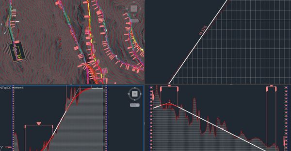 Topographic and slope analysis displayed in CAD software with contour lines and gradient data.