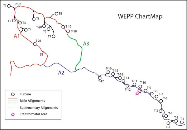 WEPP ChartMap showing turbine locations and alignments with transformer areas.