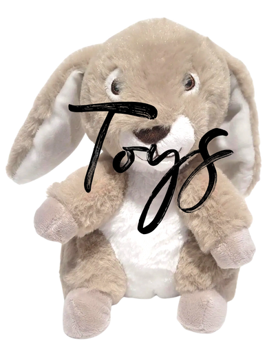 Bunny rabbit soft cream teddy with floppy ears and white belly, in front of white background
