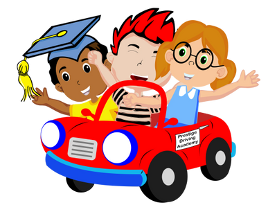 Three happy kids in a red car labeled Prestige Driving Academy.
