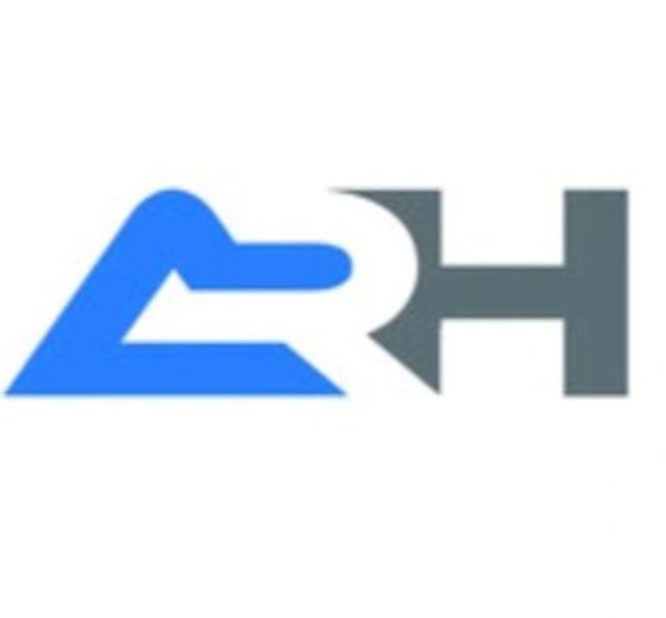 Logo with stylized blue and gray letters ARH.