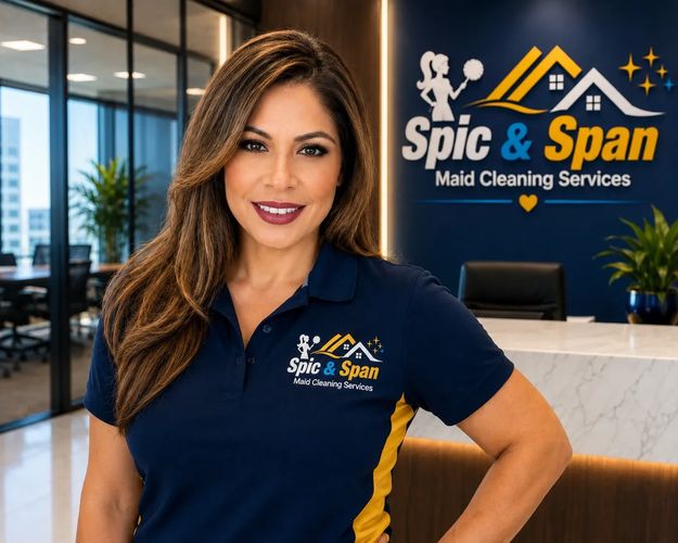 Confident woman in Spic & Span uniform smiling in office.