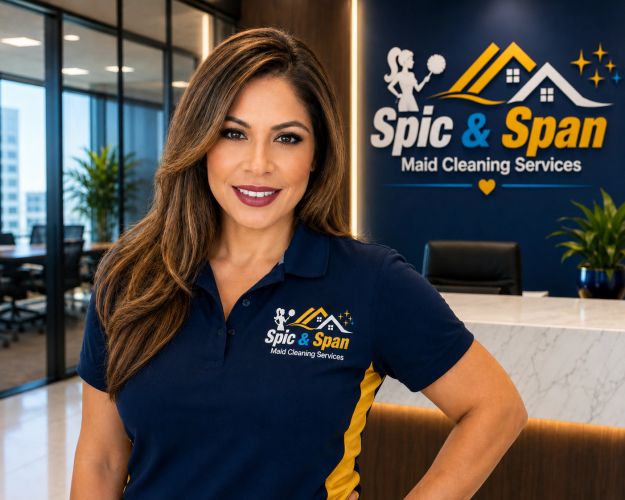 Confident woman in Spic & Span uniform smiling in office.