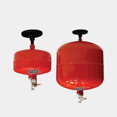 Two red fire suppression tanks with valves and ceiling mounts.