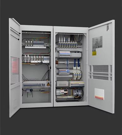 Open electrical control panel with organized wires and circuit breakers.