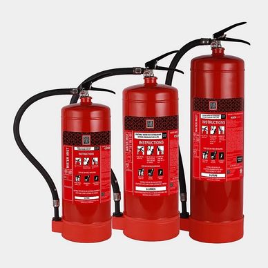 Three red water mist fire extinguishers of different sizes with instructions.