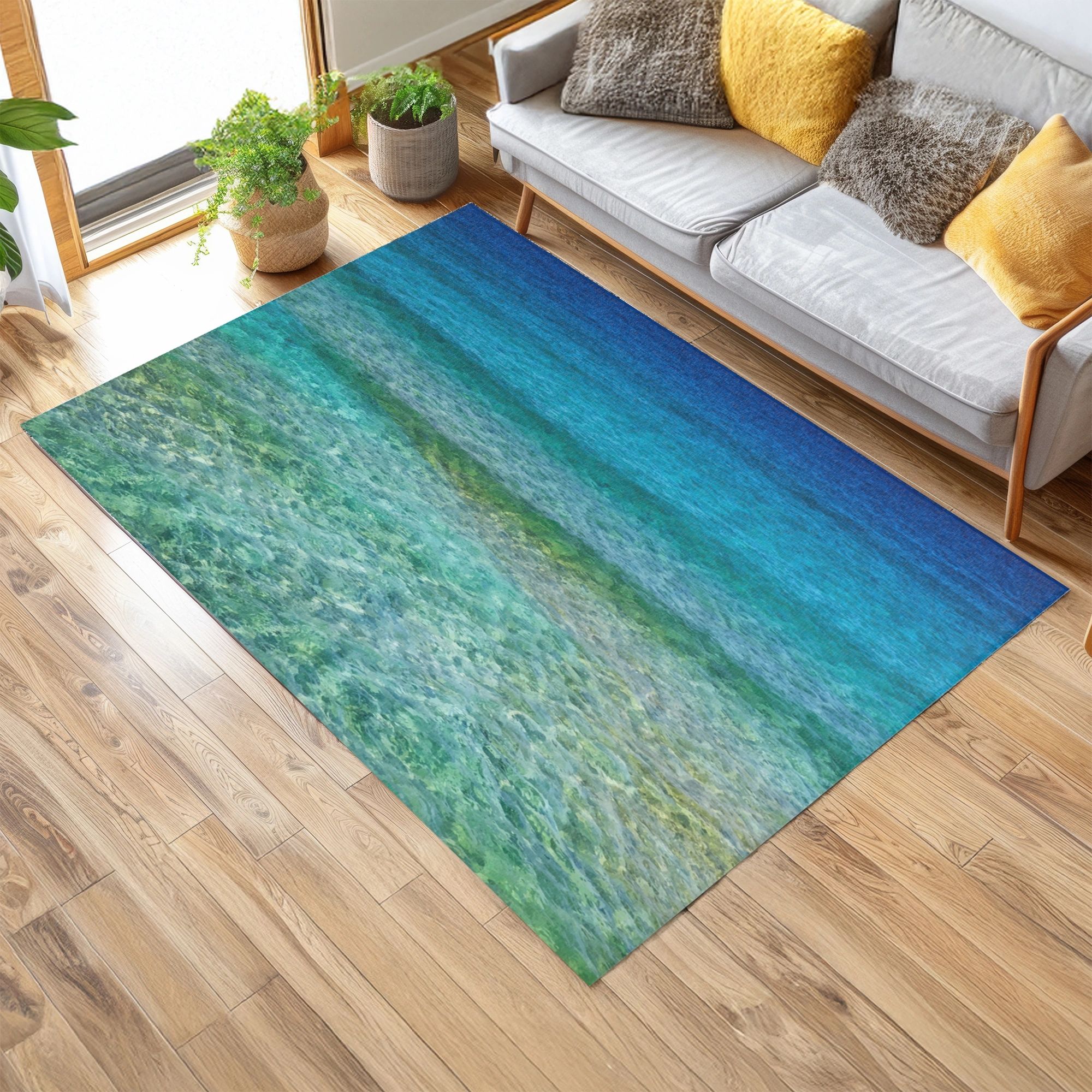 Coastal Ocean Waves rug | Serene Blue Teal Waters Beach Calm Bay Mat | Shore Carpet