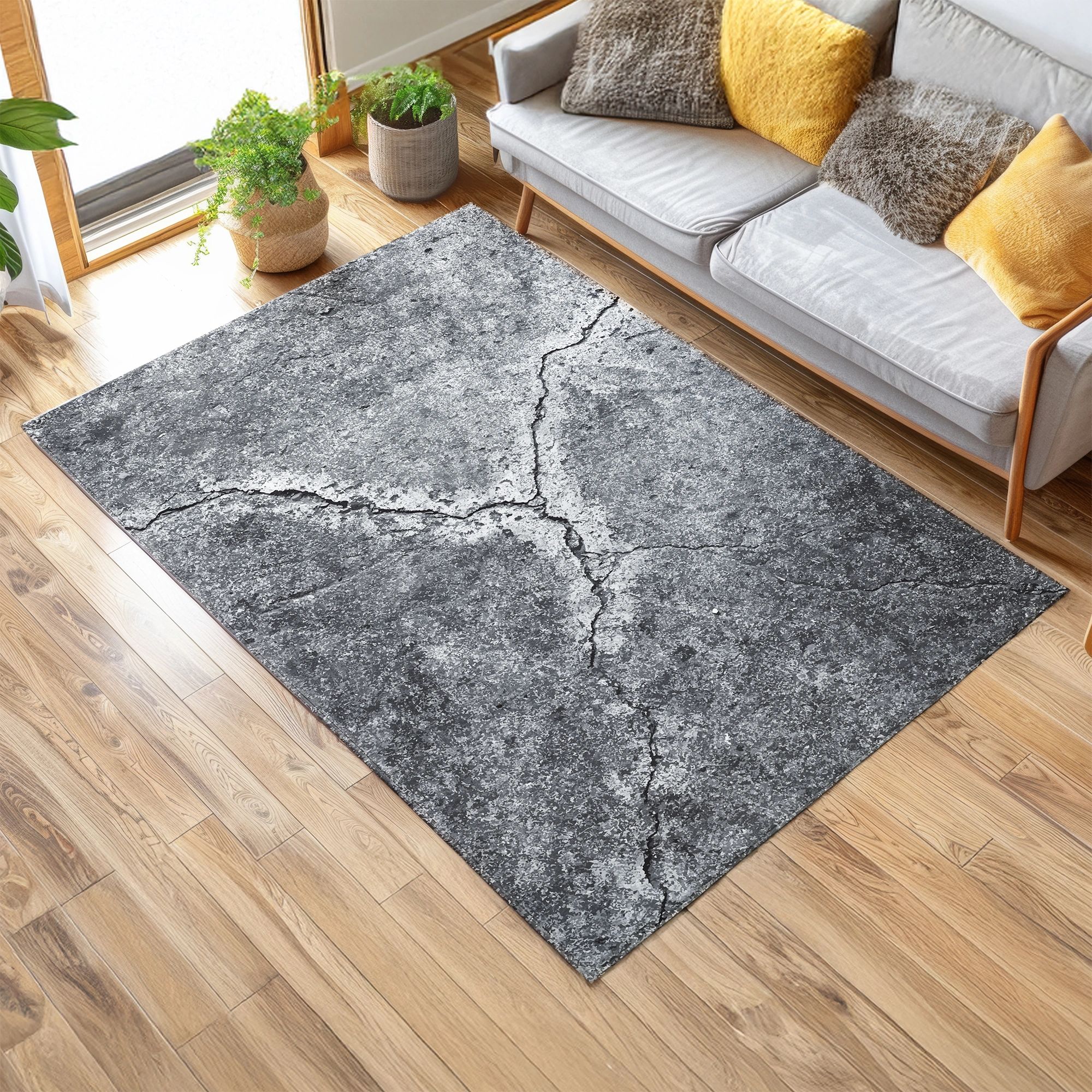Concrete Area Rug | Gray Stone Floor Pavement Carpet | Industrial Cement Modern Decor Mat