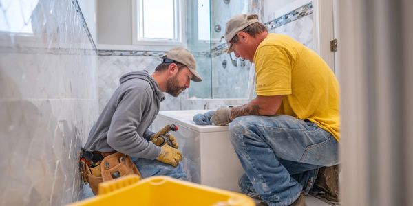 Two workers install a bathtub in a tiled bathroom.