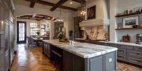 Elegant kitchen with marble island, wooden beams, and cozy dining area.