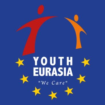 Youth Eurasia logo with stars and caring figures on blue background.