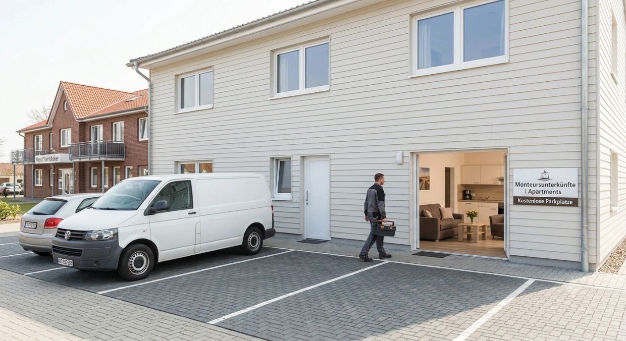 Mann mit Werkzeugbox vor Monteurunterkunft mit kostenlosen Parkplätzen.