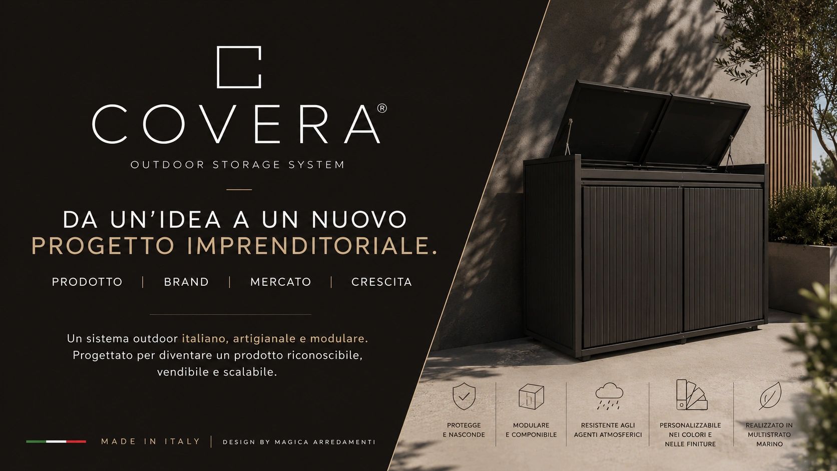 Sistema di storage outdoor italiano modulare e personalizzabile.