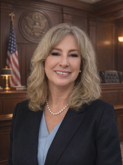 Professional woman smiling in a courtroom setting with the U.S. flag behind her.