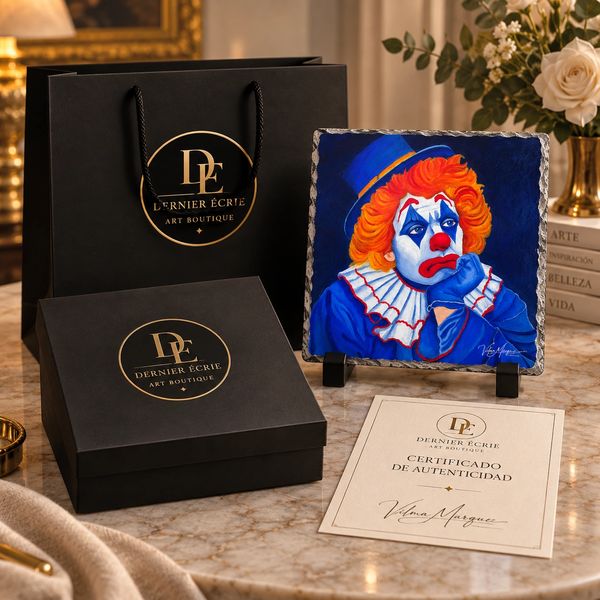 Pieza de arte de payaso con empaques y certificado de autenticidad.