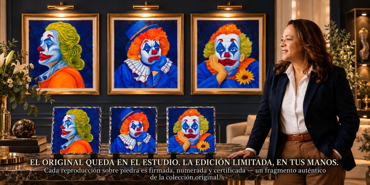 Mujer sonriente junto a cuadros de payasos en sala elegante.