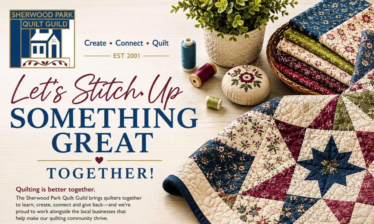 A quilt guild promotional image with quilting tools and fabrics.