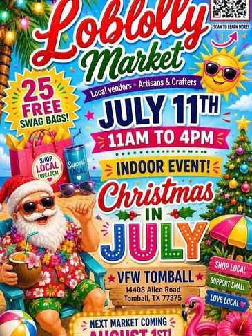 Festive Christmas in July market with Santa in beachwear, July 11th at VFW Tomball.