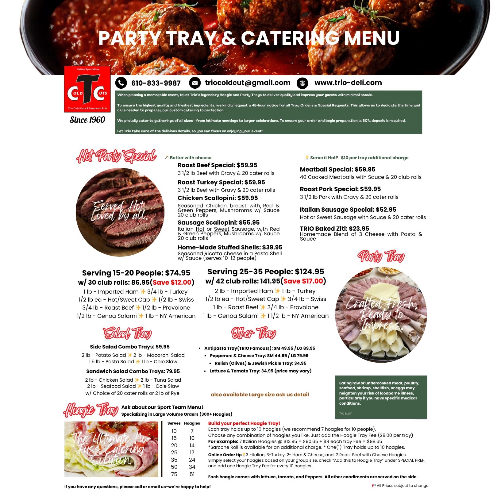 Party tray and catering menu featuring hot specials, salad trays, hoagie trays, and other tray options.