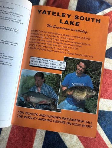 Advertisement for Yateley South Lake fishing with ticket prices and photos of anglers with large fish.