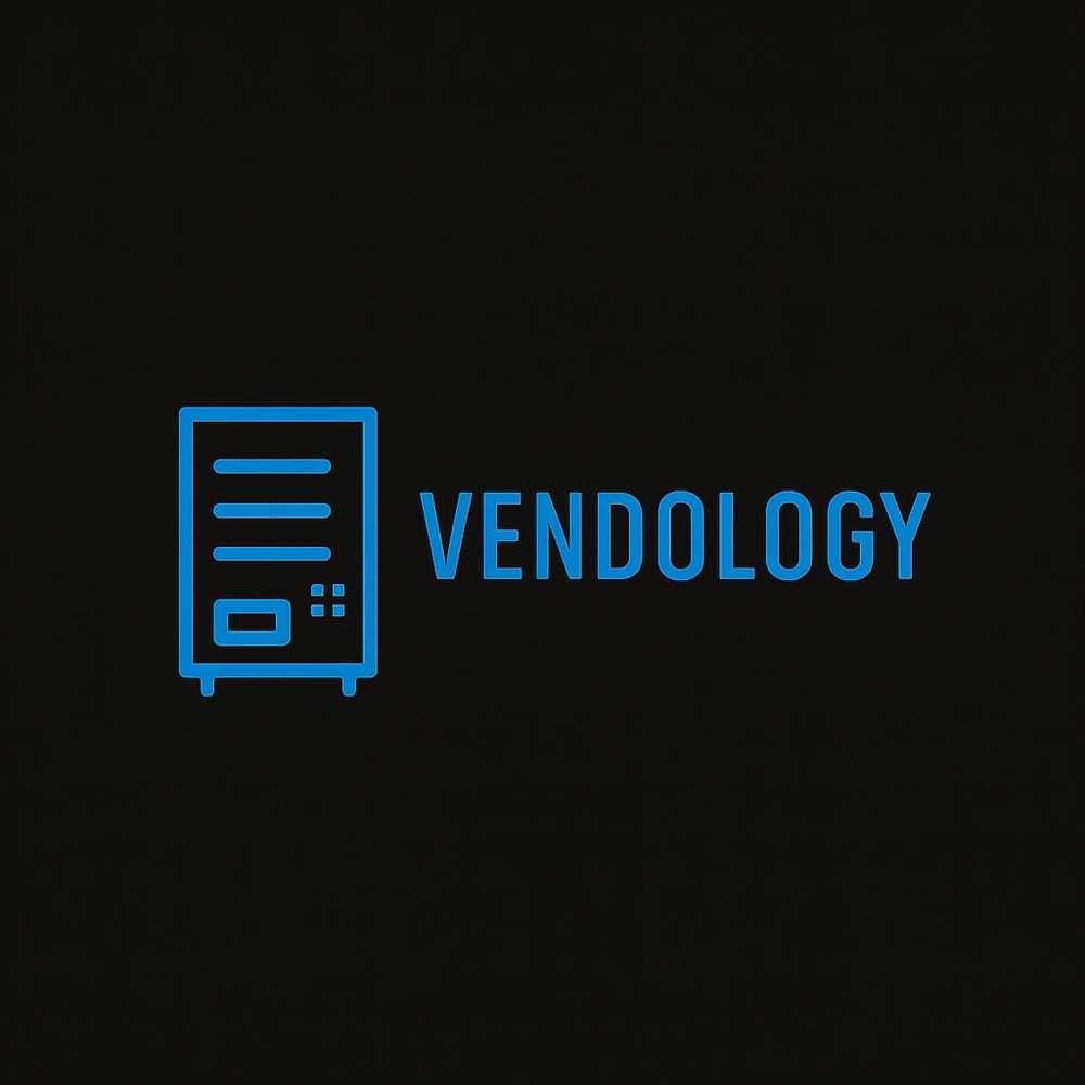 Blue vending machine icon with the word 'VENDOLOGY' on a black background.