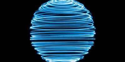 Blue neon spherical light pattern against black background.