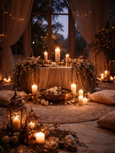 Cozy candlelit room with floral decor and cushions for seating.
