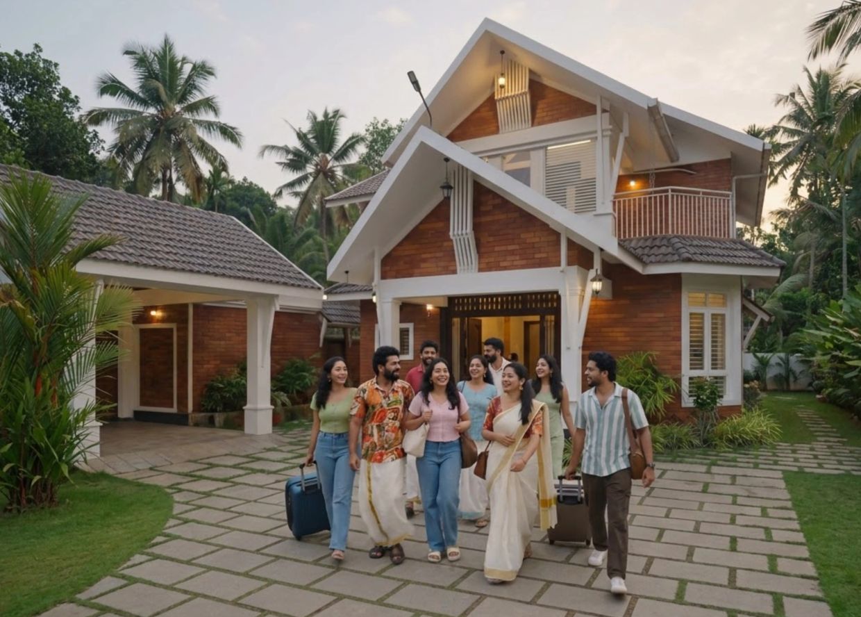 Group of friends walking outside a modern house with luggage.