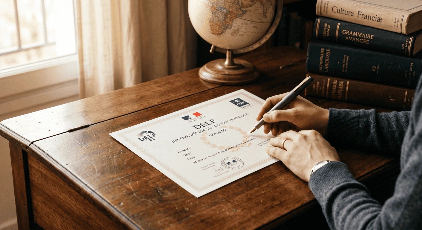 Person signing a DELF French language diploma on a wooden desk.