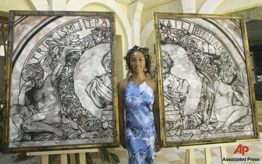 Keariene Muizz with painting Adieu
Photo Credit: Eric Risberg, Associated Press