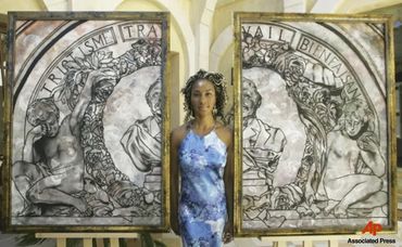 Keariene Muizz with painting Adieu
Photo Credit: Eric Risberg, Associated Press