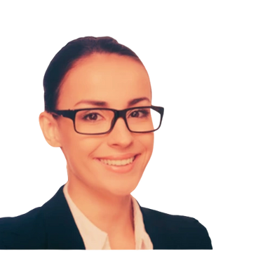 Professional woman smiling with glasses and dark blazer.