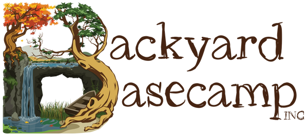 Backyard Basecamp logo. Brown text "Backyard Basecamp Inc" with the letter "B" formed from trees and