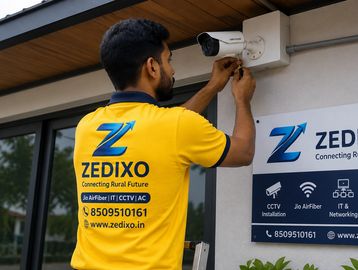 Technician installing CCTV camera on building exterior.