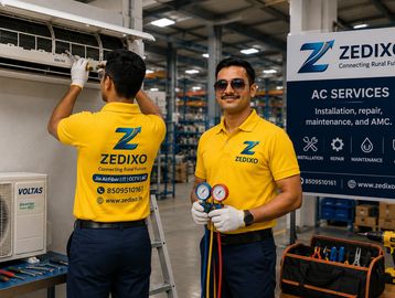 Two Zedixo technicians servicing an air conditioner.