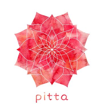 Red watercolor floral mandala with the word 'pitta' below.